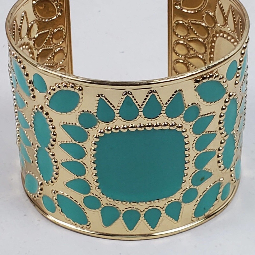 Vintage Style Southwestern Teal Gold Metal Cuff Bracelet 2 Inch Wide